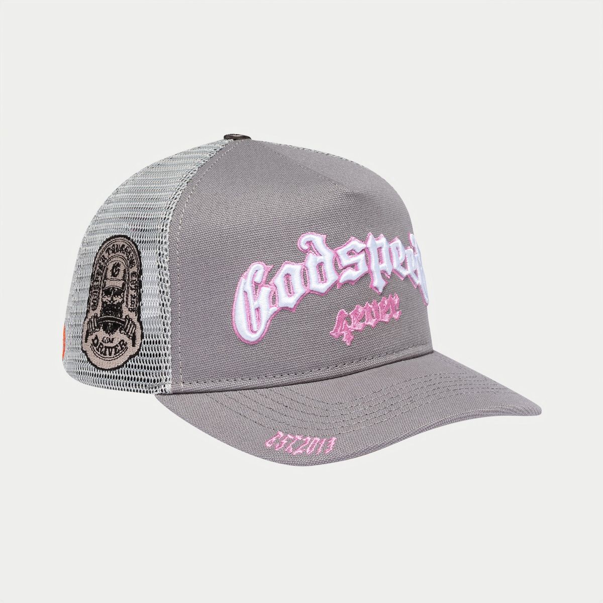 Gray trucker cap with pink text and logo on a white background