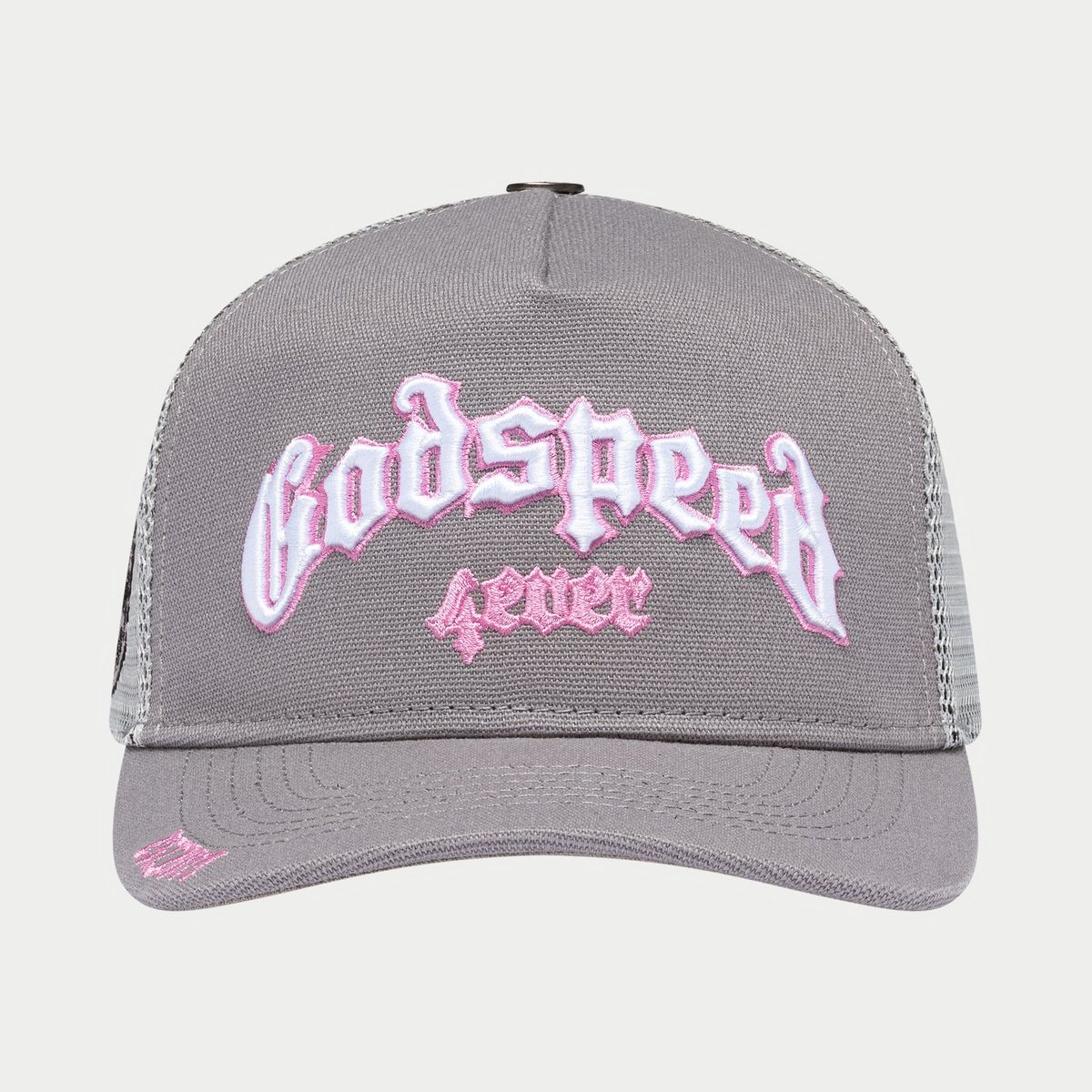Gray cap with pink 'Godspeed 4ever' text on a light gray background