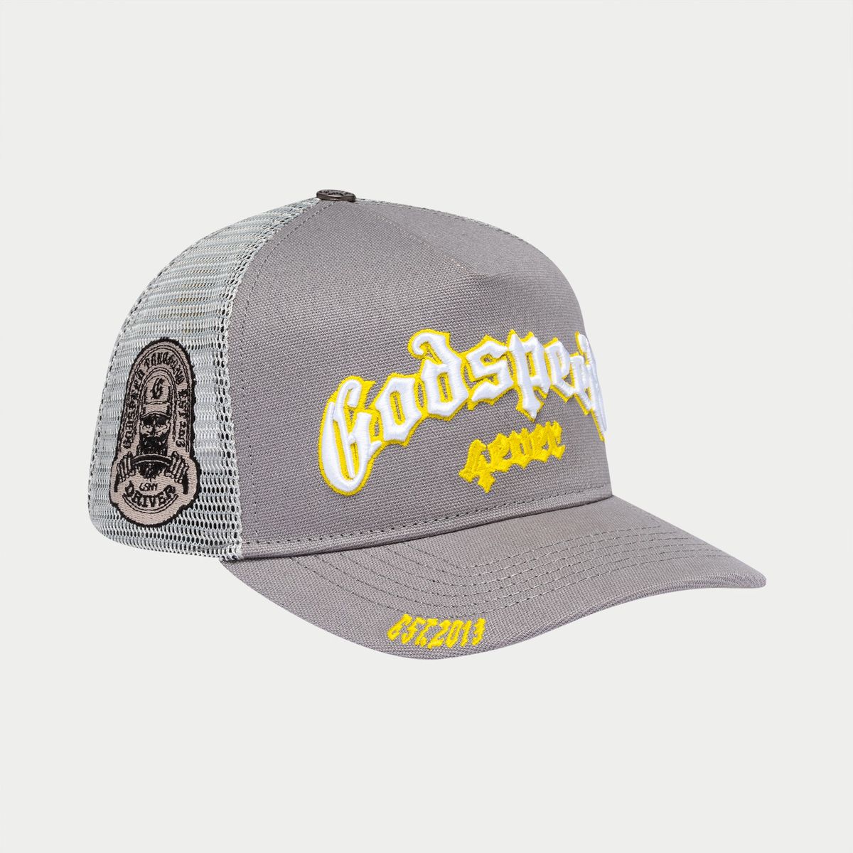 Gray trucker hat with yellow text and logo on a white background