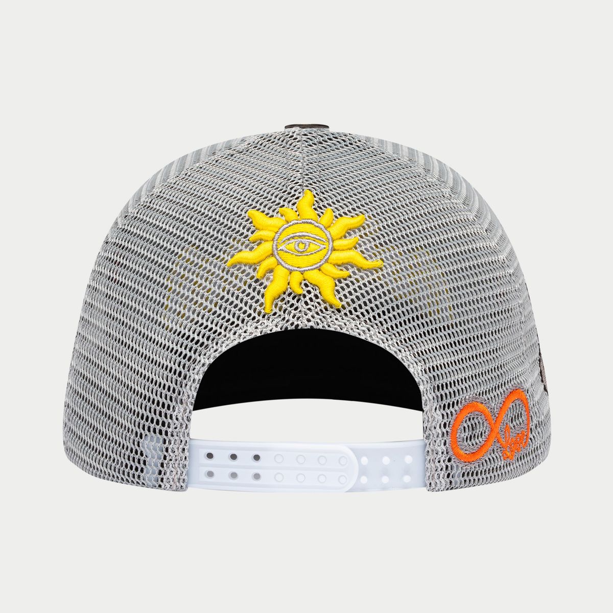 Gray mesh cap with a yellow sun design and orange logo on a white background