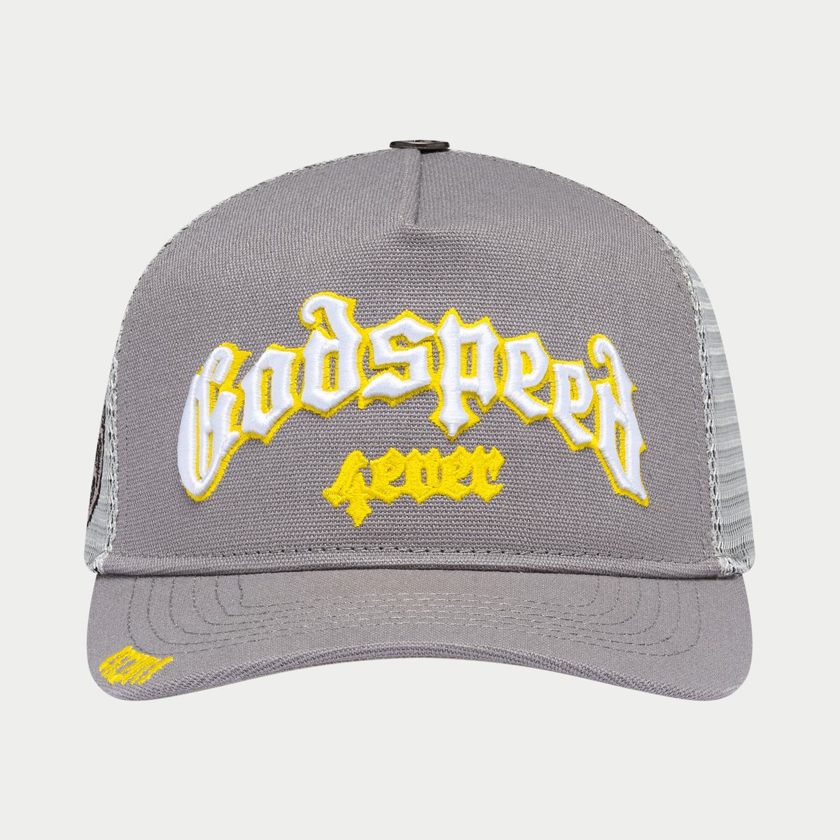 Gray cap with yellow and white text on a light gray background