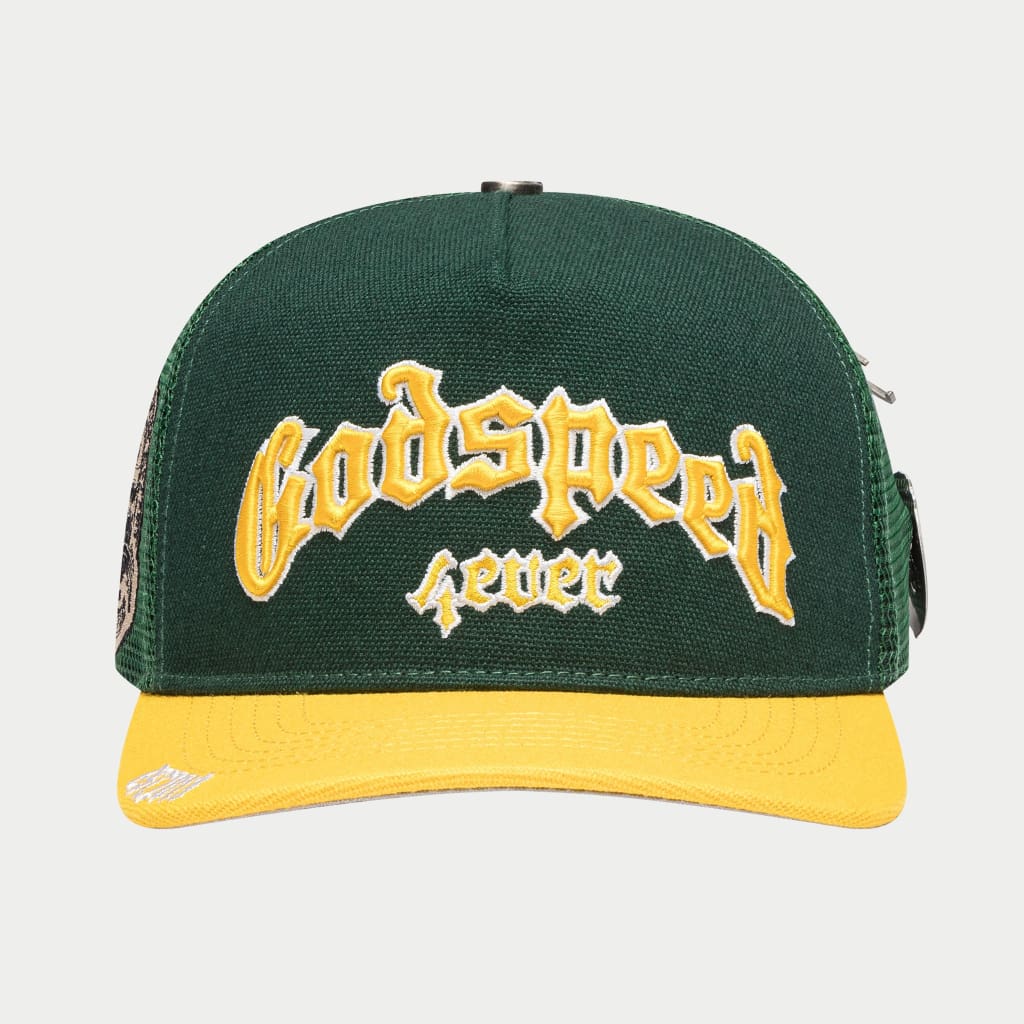 Godspeed 4ever green and yellow trucker hat with limited edition box and pin set
