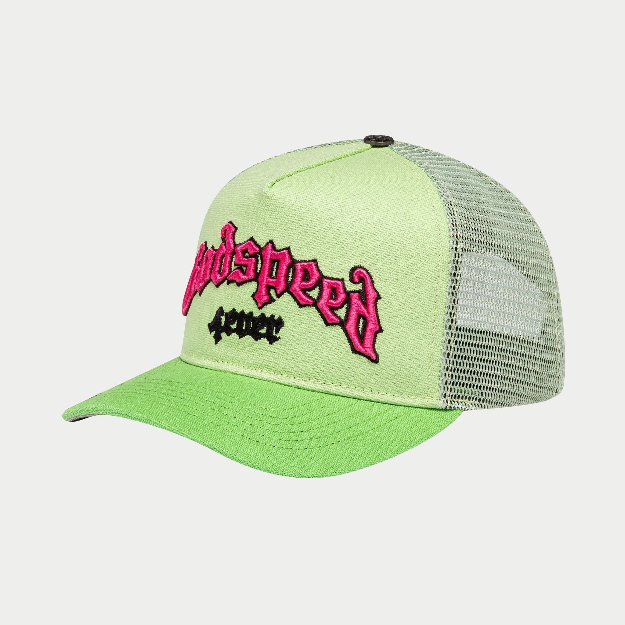 Neon green trucker hat with pink and black text on a light gray background