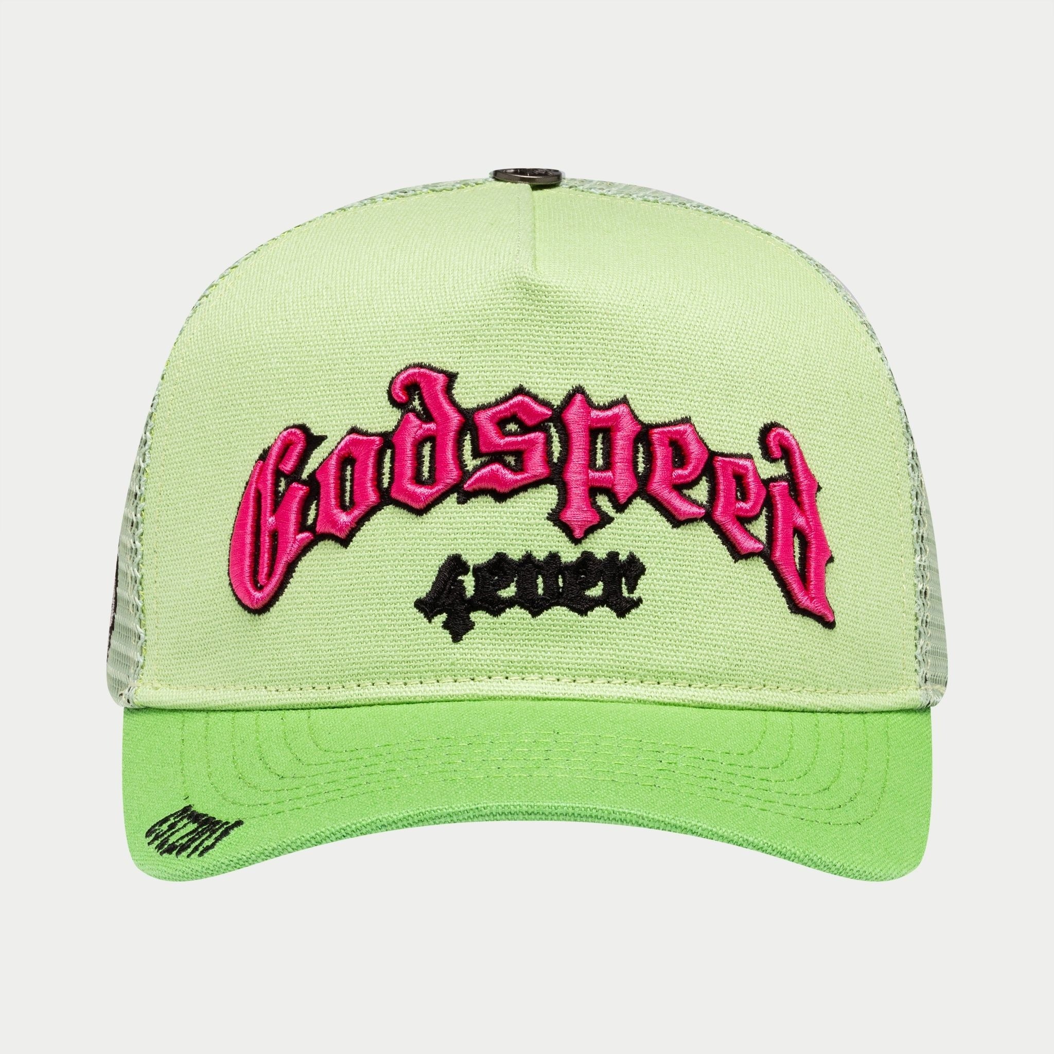 Green cap with pink and black text on a white background