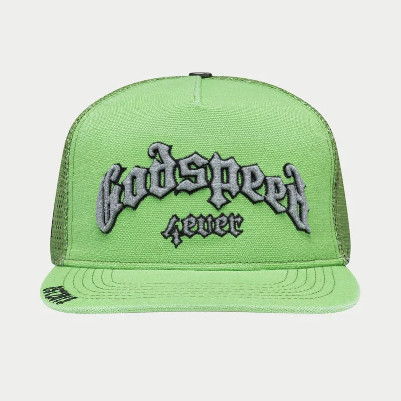Godspeed 4ever Signature Trucker Hat titled "The Mother of All Truckers" featuring color-changing embroidery, limited edition box, and 3-piece pin set.