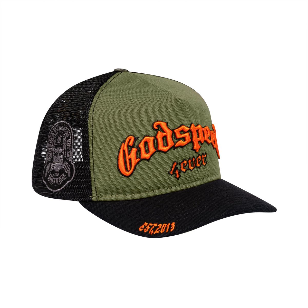 Godspeed 4ever Signature Trucker Hat with color-changing embroidery, mesh back, adjustable snapback, and 3-piece pin set in custom collector’s box