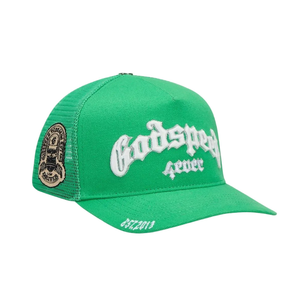 Godspeed GS Forever trucker hat in shamrock with color-changing embroidery, mesh back, and collectible packaging with pin set