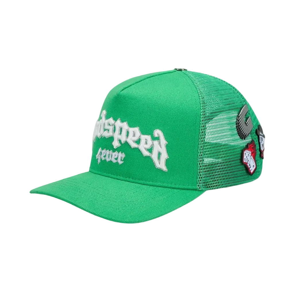 Godspeed GS Forever trucker hat in shamrock with color-changing embroidery, mesh back, and collectible packaging with pin set