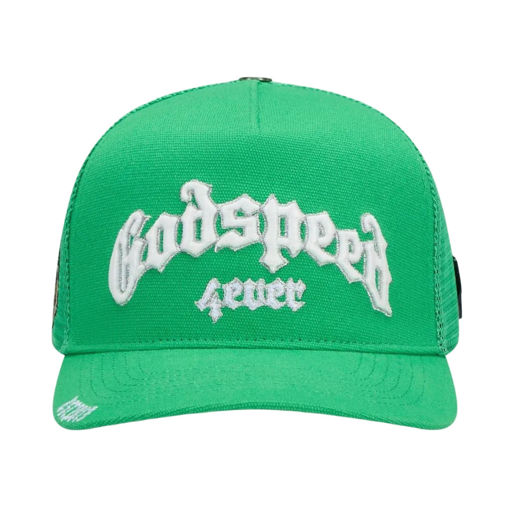 Godspeed GS Forever trucker hat in shamrock with color-changing embroidery, mesh back, and collectible packaging with pin set