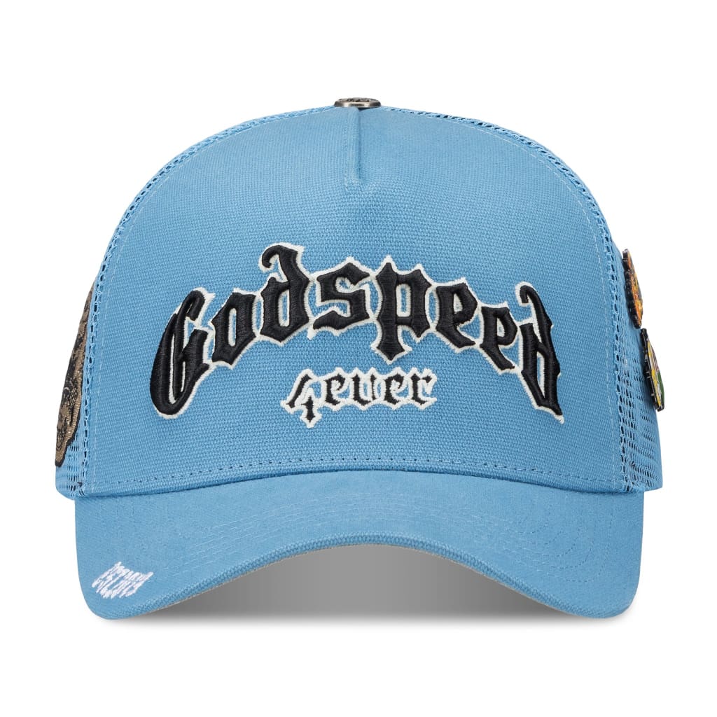 godspeed 4ever signature trucker hat with color-changing embroidery and pin set in limited edition box