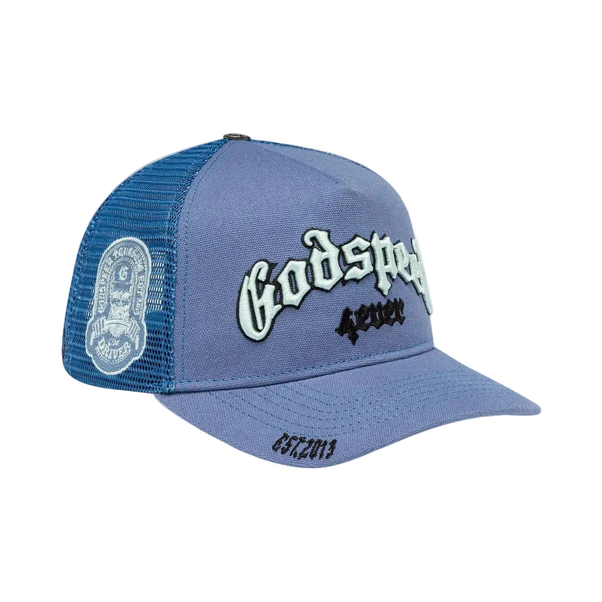 Godspeed GS Forever Trucker Hat in Triple Blue featuring a classic trucker design, collectible pin set, and limited-edition presentation box.