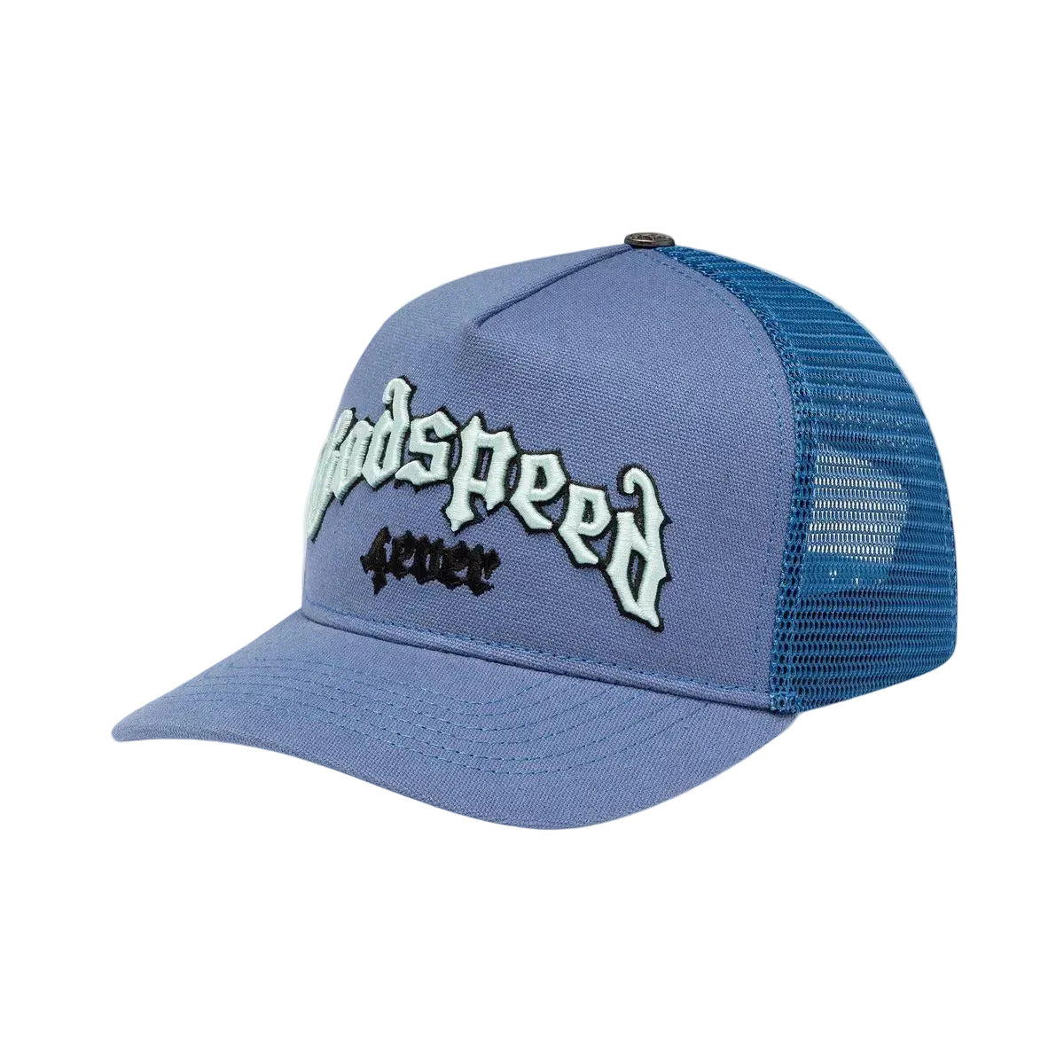 Godspeed GS Forever Trucker Hat in Triple Blue featuring a classic trucker design, collectible pin set, and limited-edition presentation box.