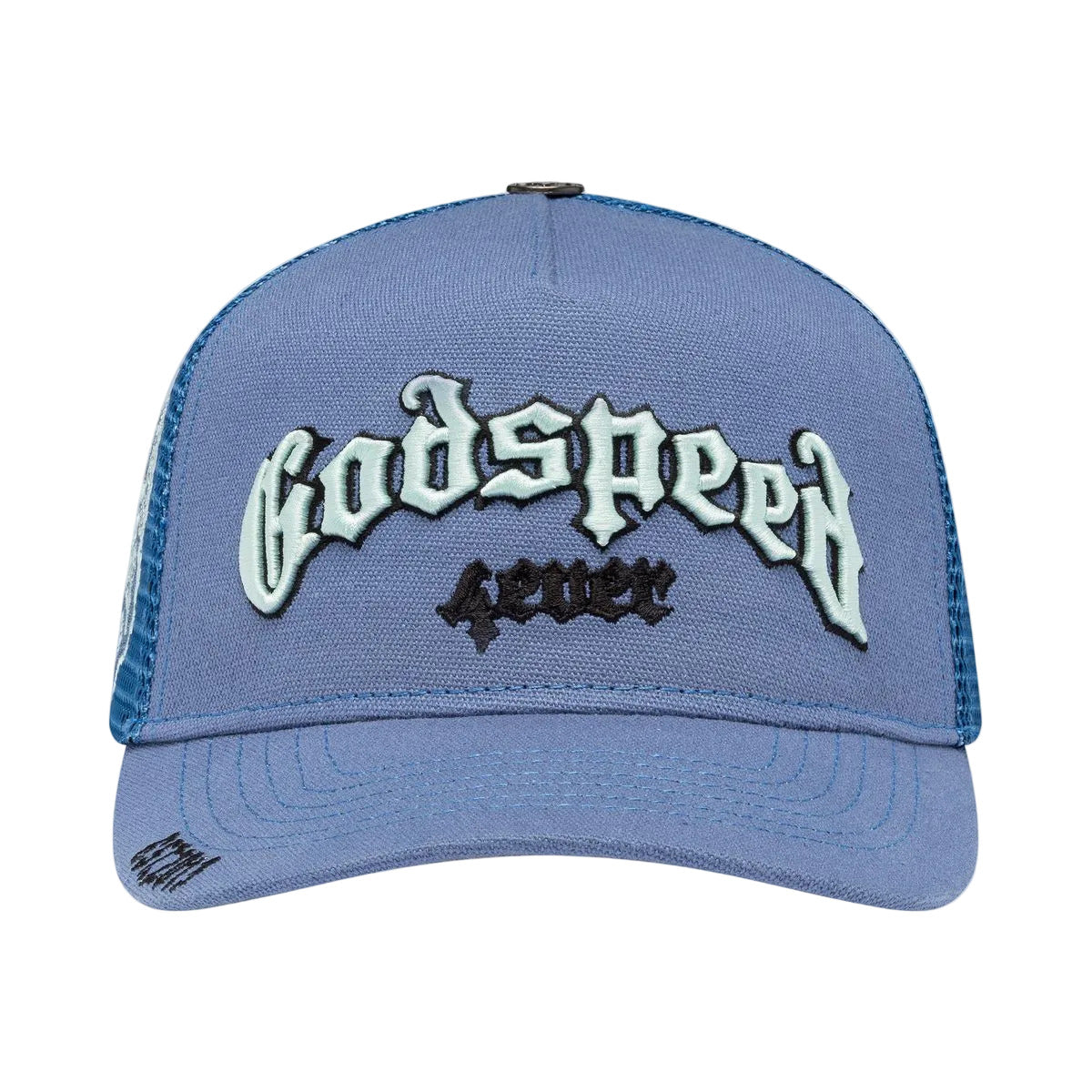 Godspeed GS Forever Trucker Hat in Triple Blue featuring a classic trucker design, collectible pin set, and limited-edition presentation box.