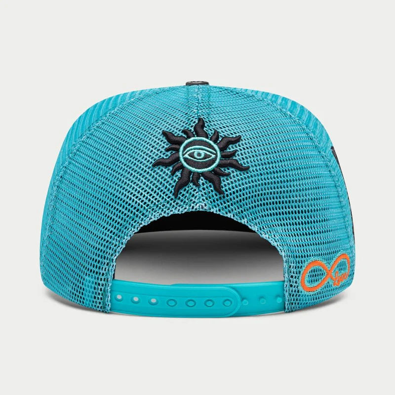 Godspeed 4ever Signature Trucker Hat titled "The Mother of All Truckers" featuring color-changing embroidery, limited edition box, and 3-piece pin set.