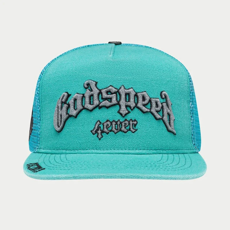 Godspeed 4ever Signature Trucker Hat titled "The Mother of All Truckers" featuring color-changing embroidery, limited edition box, and 3-piece pin set.