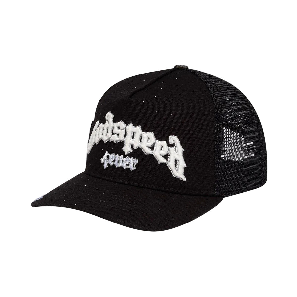 Godspeed GS Forever Trucker Hat in VVS featuring color-changing embroidery, packaged in a limited-edition box with a 3-piece pin set.