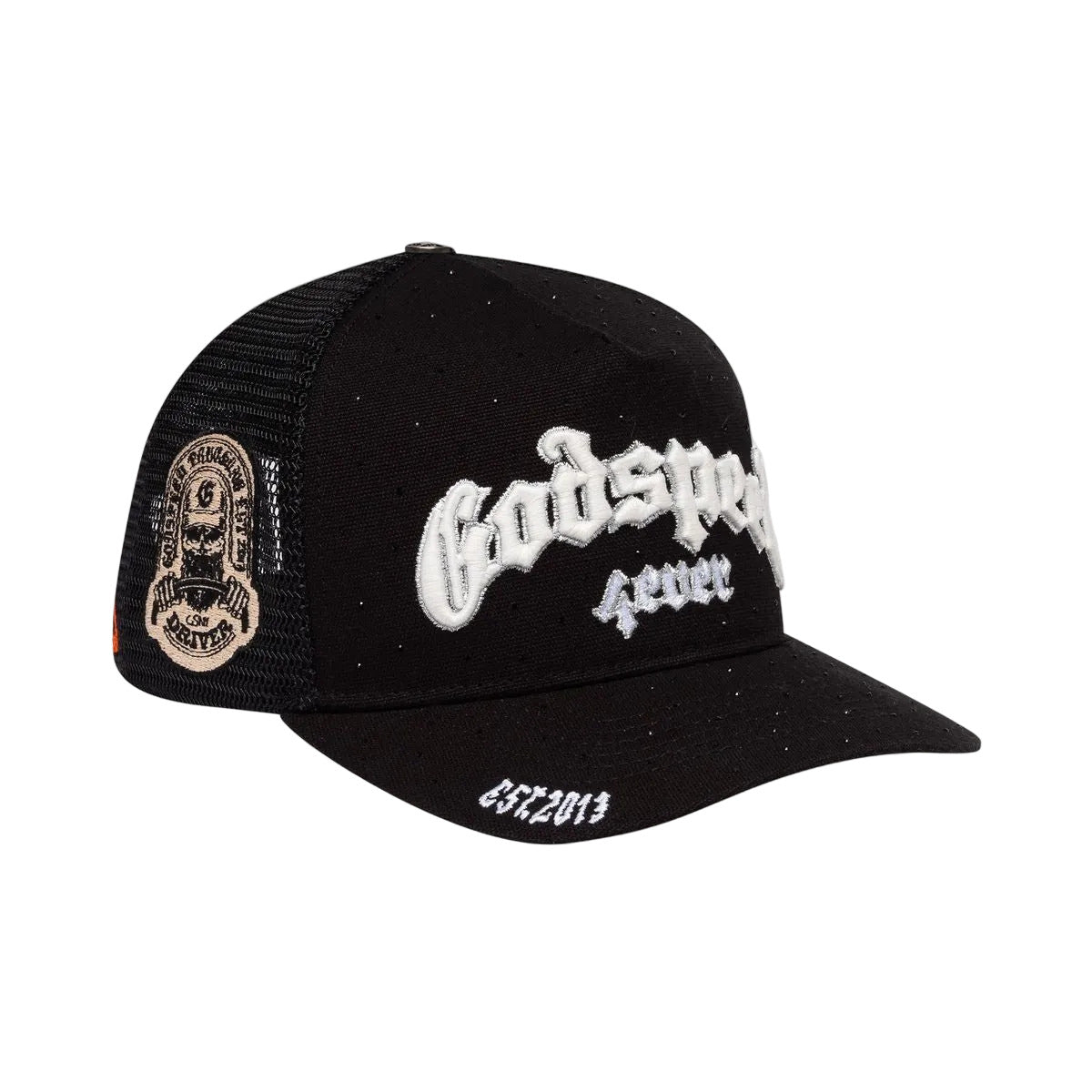 Godspeed GS Forever Trucker Hat in VVS featuring color-changing embroidery, packaged in a limited-edition box with a 3-piece pin set.