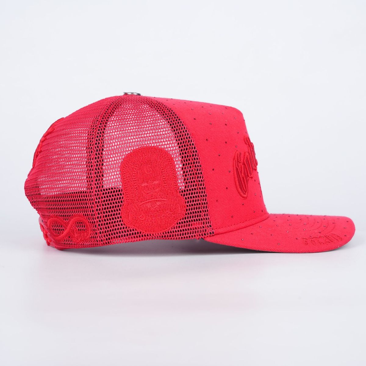Red Godspeed GS Forever VVS Trucker Hat with color-changing embroidery, limited edition box, and 3-piece pin set.