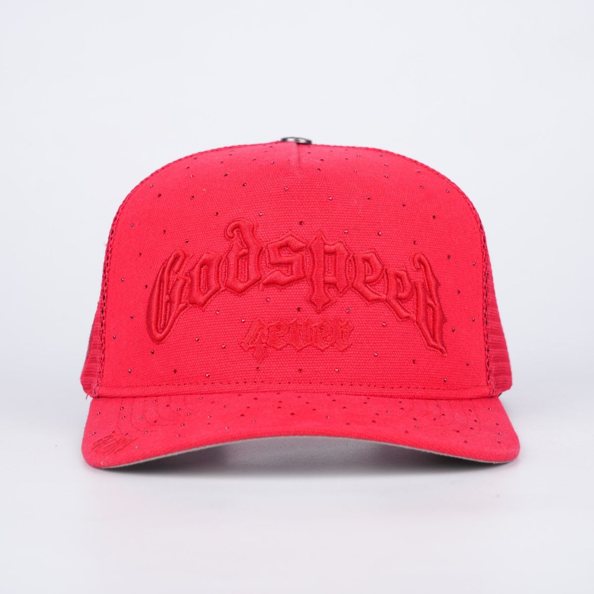 Red Godspeed GS Forever VVS Trucker Hat with color-changing embroidery, limited edition box, and 3-piece pin set.