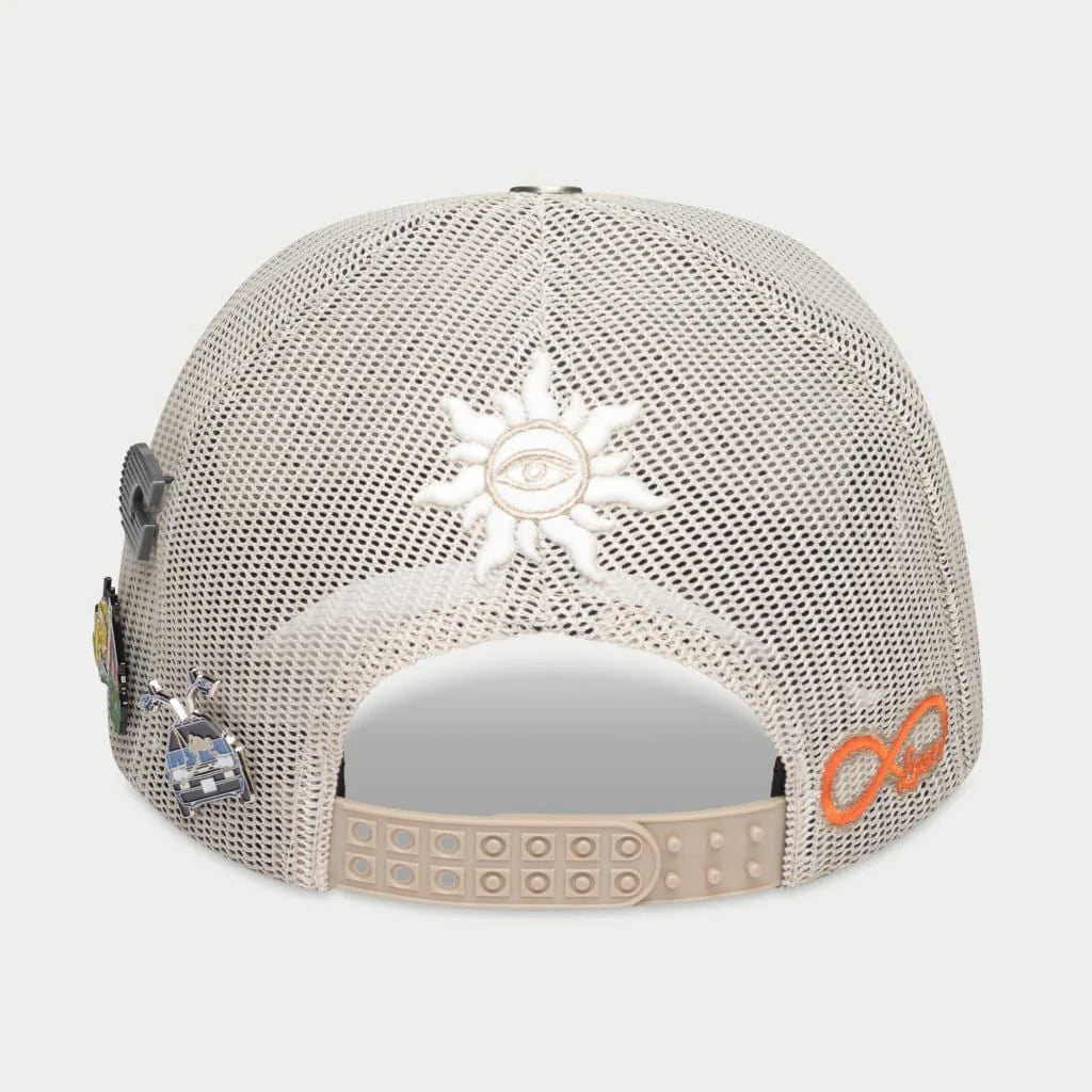 Godspeed 4ever Signature Trucker Hat in black, white, and red with color-changing embroidery and limited edition box packaging.