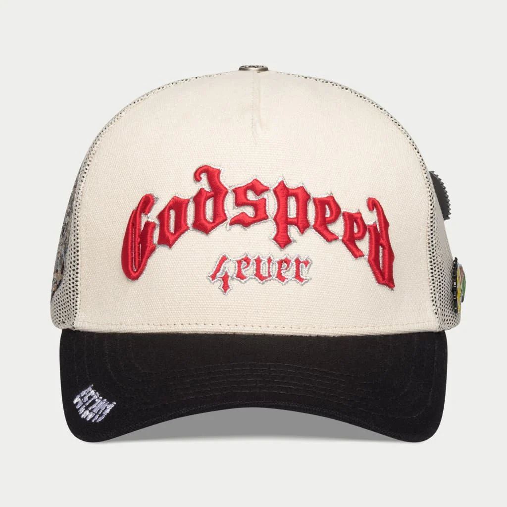 Godspeed 4ever Signature Trucker Hat in black, white, and red with color-changing embroidery and limited edition box packaging.