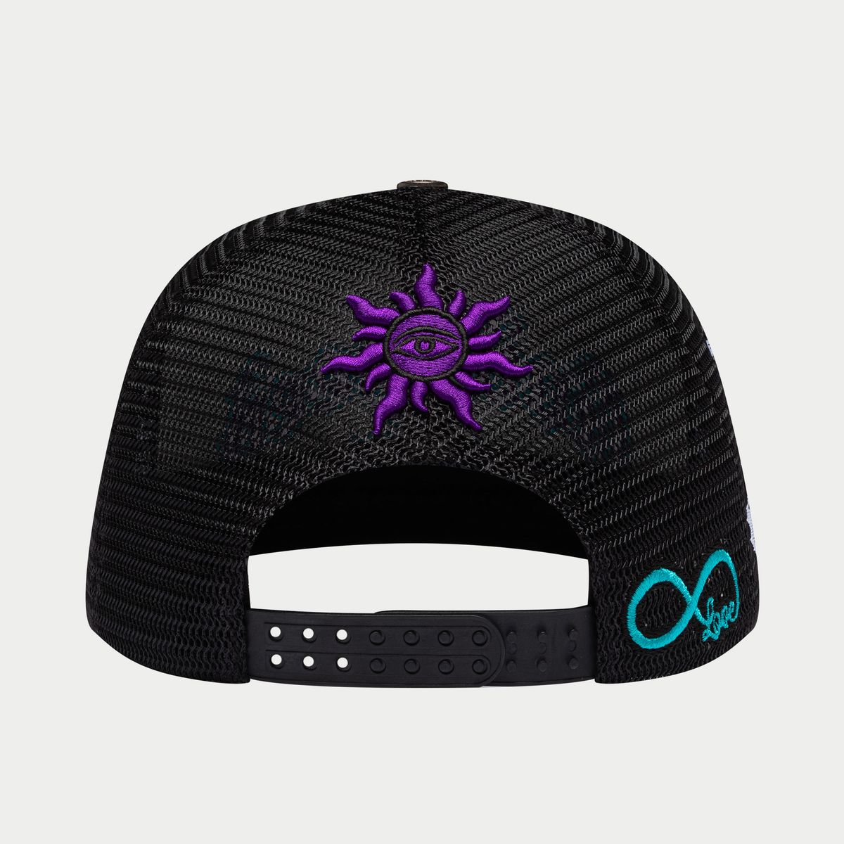 Trucker hat in white/black/purple with color-changing Godspeed logo, mesh back, and collectible pins, packaged in a custom box.