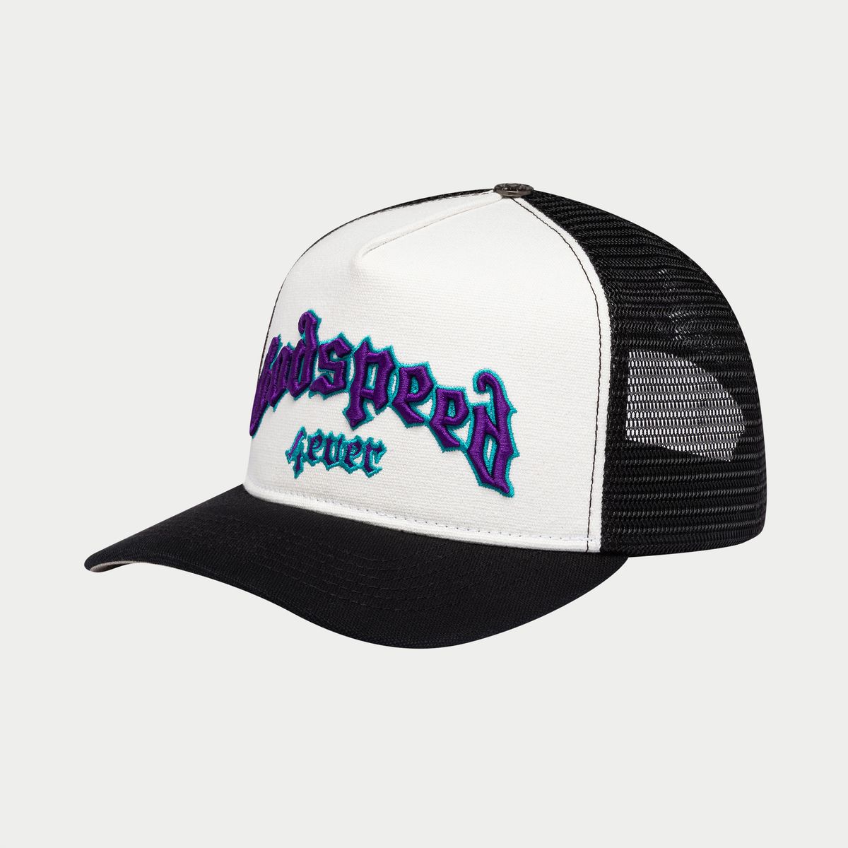 Trucker hat in white/black/purple with color-changing Godspeed logo, mesh back, and collectible pins, packaged in a custom box.