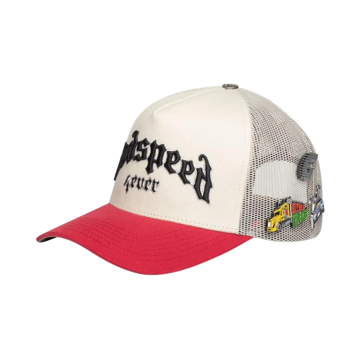 Godspeed GS Forever trucker hat in white and red featuring a classic trucker silhouette, collectible pin set, and limited-edition presentation box.