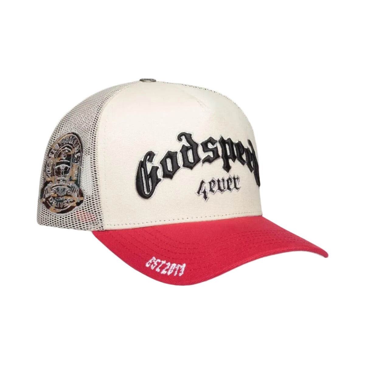 Godspeed GS Forever trucker hat in white and red featuring a classic trucker silhouette, collectible pin set, and limited-edition presentation box.