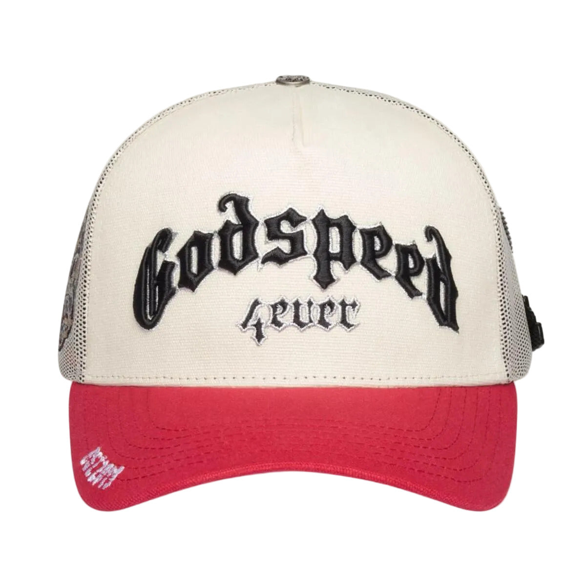 Godspeed GS Forever trucker hat in white and red featuring a classic trucker silhouette, collectible pin set, and limited-edition presentation box.