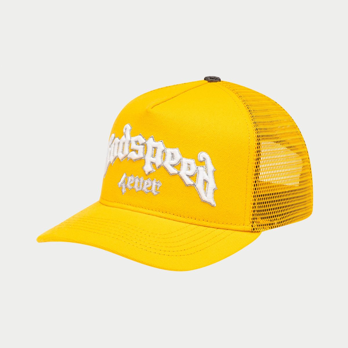  White and yellow trucker hat with color-shifting embroidery, packaged in a custom Godspeed box with a 3-piece collectible pin set.