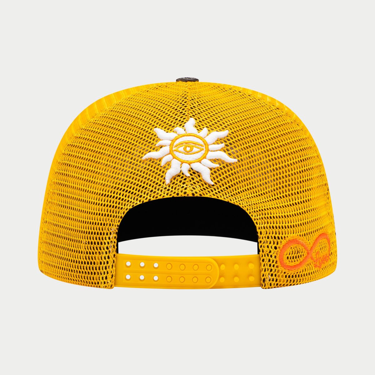 Yellow mesh cap with a white logo on a light gray background