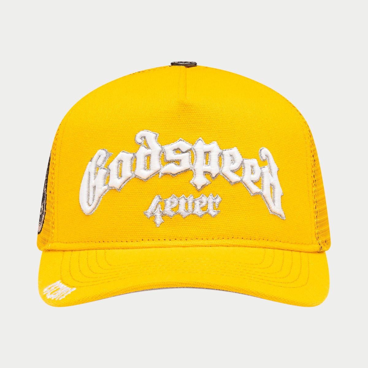  White and yellow trucker hat with color-shifting embroidery, packaged in a custom Godspeed box with a 3-piece collectible pin set.