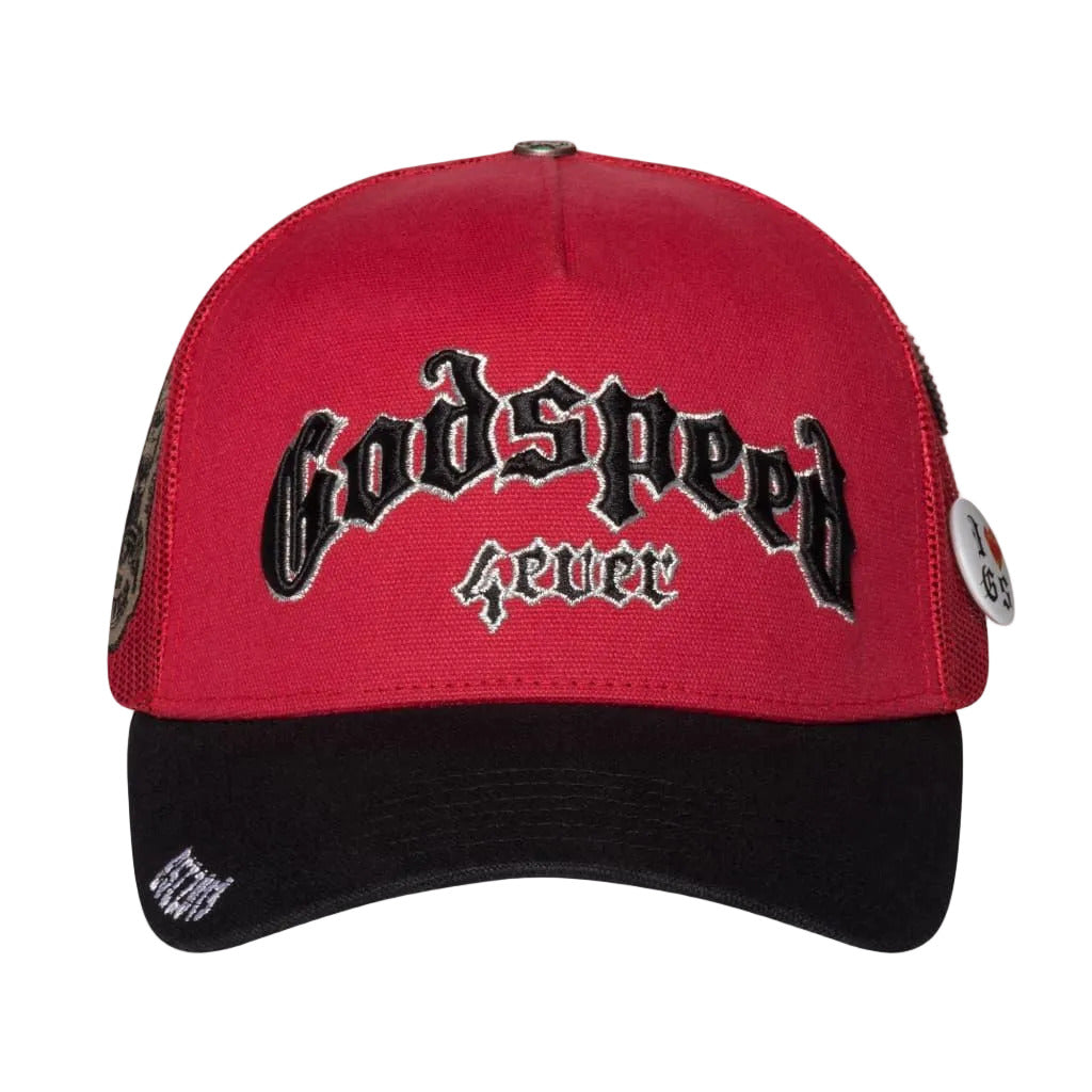 Godspeed GS Forever trucker hat in red and black featuring color-changing embroidery, mesh-back construction, collectible pin set, and limited-edition packaging.