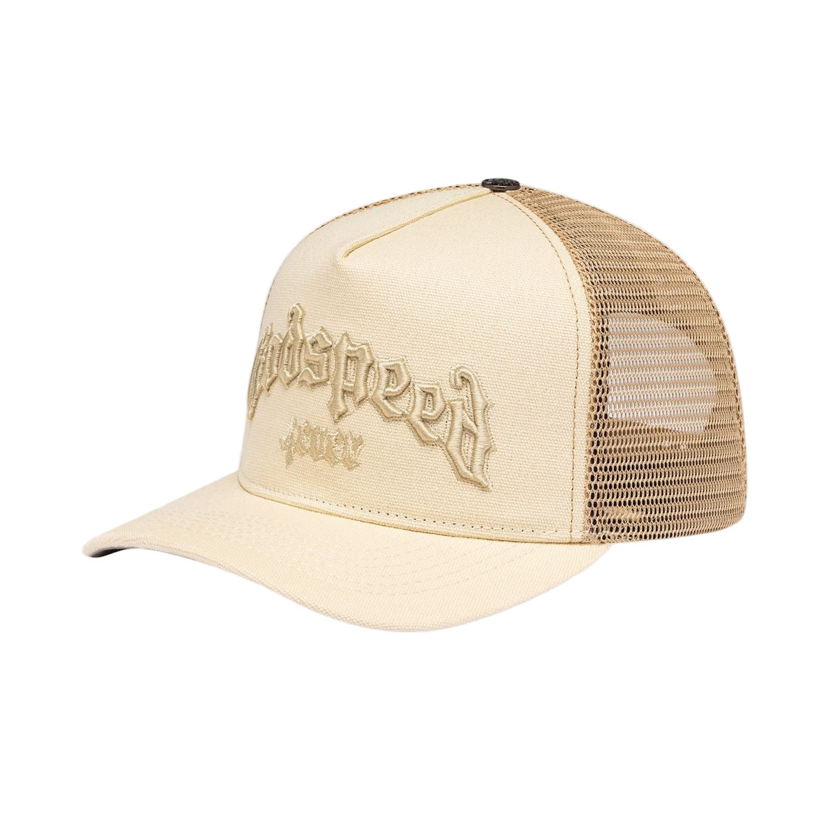 Godspeed GS Forever Trucker Hat in Bone with structured design and limited edition pin set