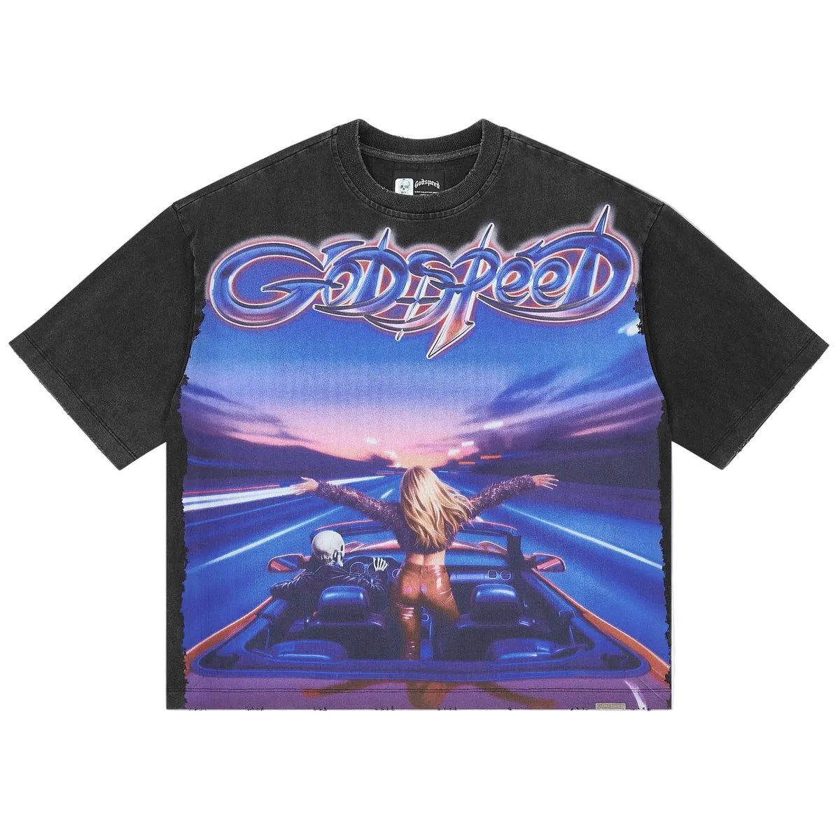 Godspeed Girls Just Want to Have Fun T-shirt featuring exclusive graphic artwork, stone crown embellishments, and premium washed cotton construction from a limited 444-piece release.