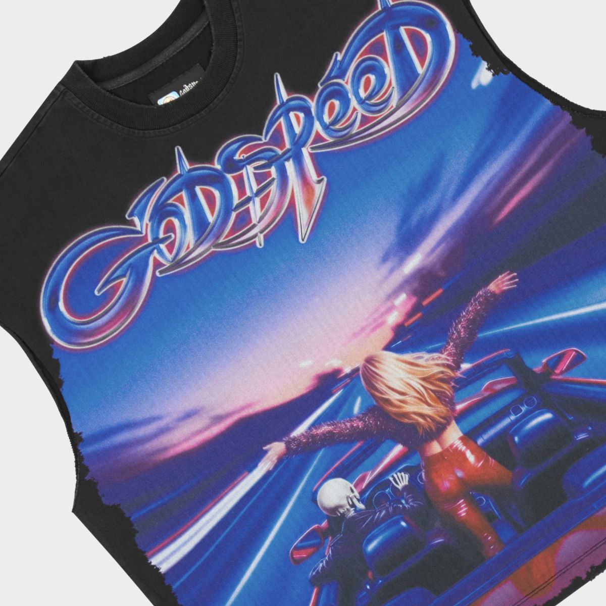 Godspeed Fun Sleeveless T-Shirt in Black Wash from the Rarity Collection, crafted from 10oz mid-weight washed fabric with a striking art piece and stones around the crown.