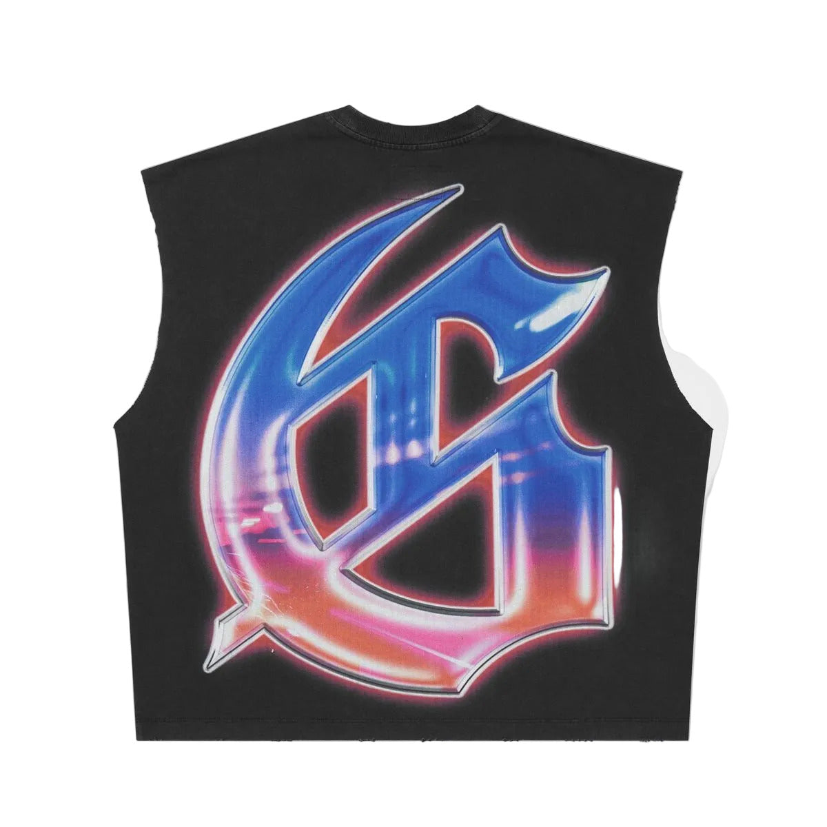 Godspeed Fun Sleeveless T-Shirt in Black Wash from the Rarity Collection, crafted from 10oz mid-weight washed fabric with a striking art piece and stones around the crown.