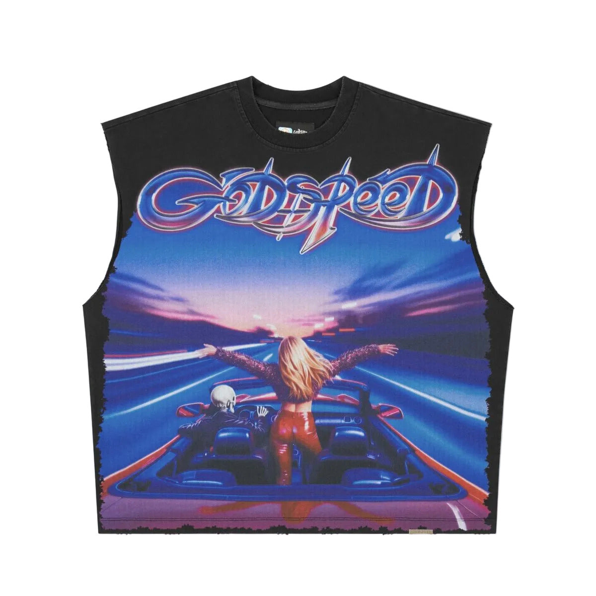 Godspeed Fun Sleeveless T-Shirt in Black Wash from the Rarity Collection, crafted from 10oz mid-weight washed fabric with a striking art piece and stones around the crown.