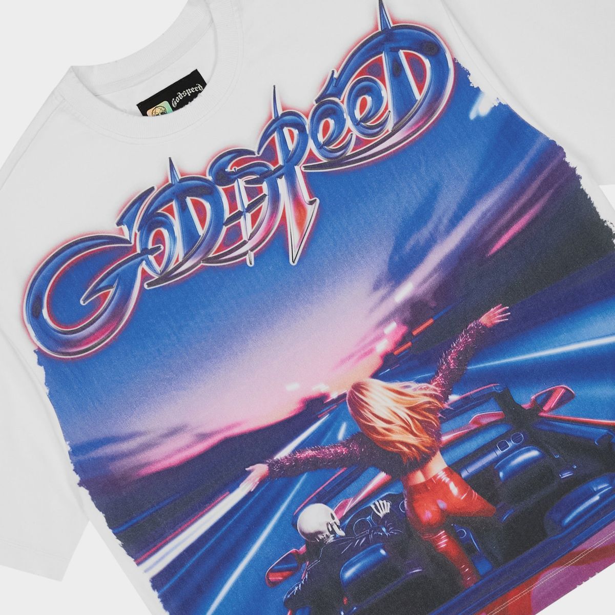 Godspeed Fun White T-shirt featuring the "Girls Just Want to Have Fun" design, crafted from 10oz mid-weight washed fabric with a striking art piece and stones around the crown.