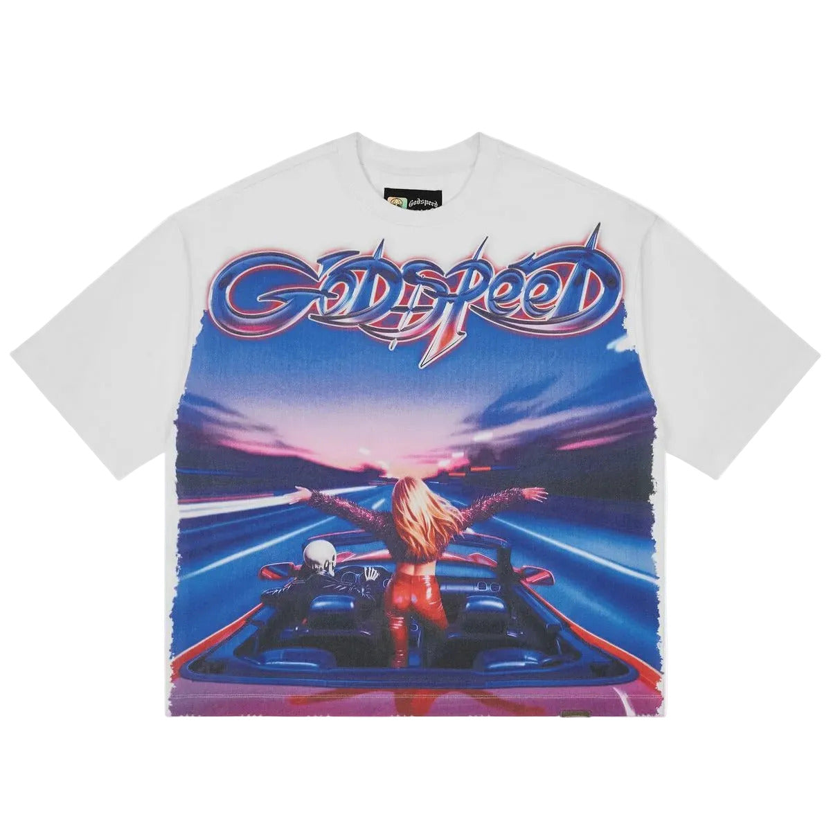 Godspeed Fun White T-shirt featuring the "Girls Just Want to Have Fun" design, crafted from 10oz mid-weight washed fabric with a striking art piece and stones around the crown.