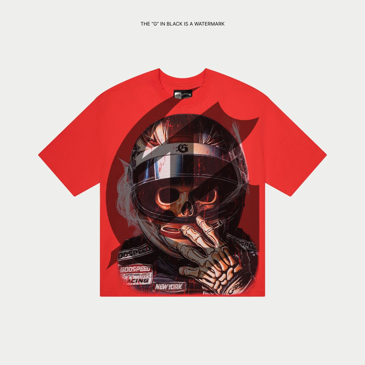 Godspeed F1 World Cup Red T-Shirt made from mid-weight washed fabric with bold art design.