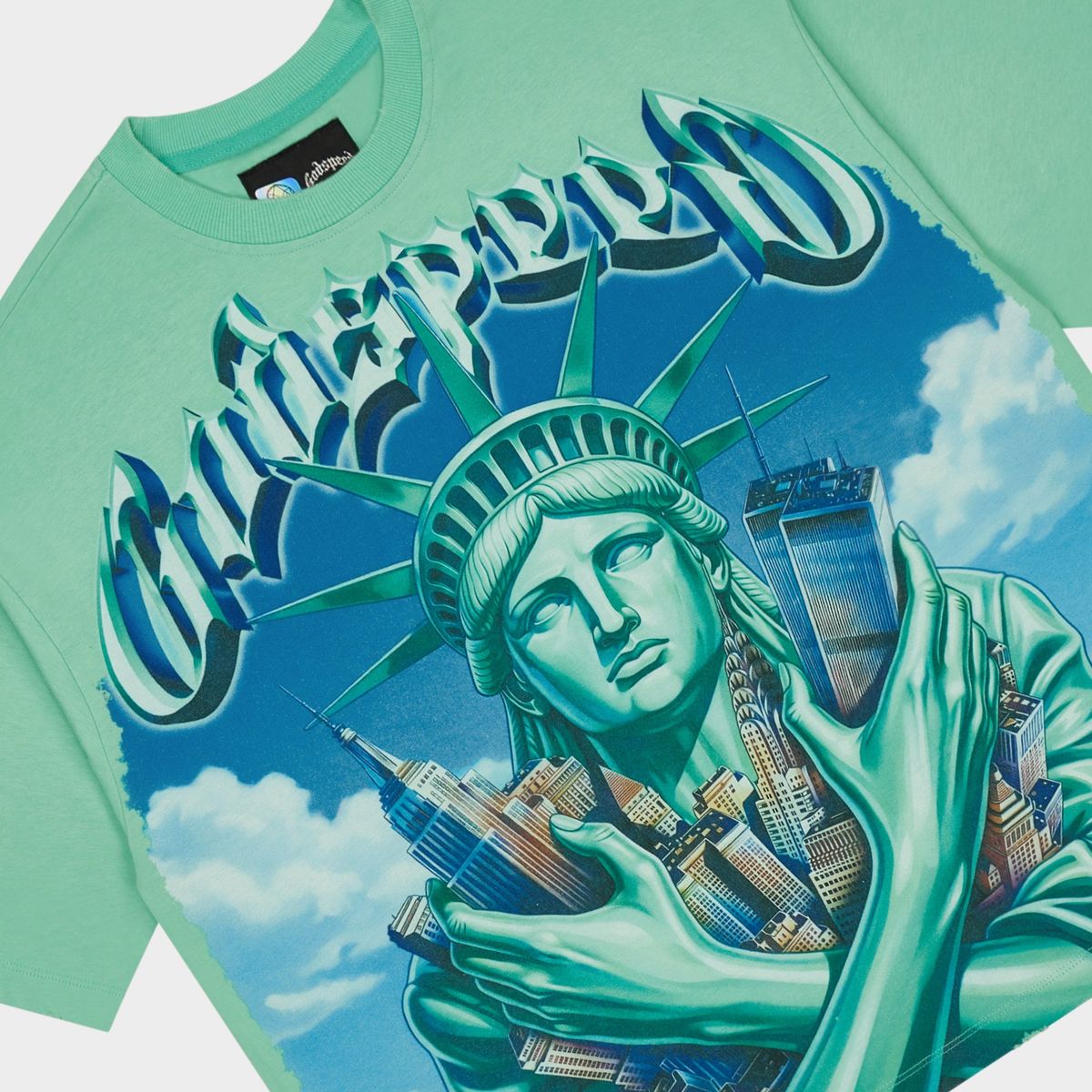 Godspeed Empire Guardian Aqua T-shirt from the Rarity Collection, crafted from 10oz mid-weight washed fabric with a striking art piece.
