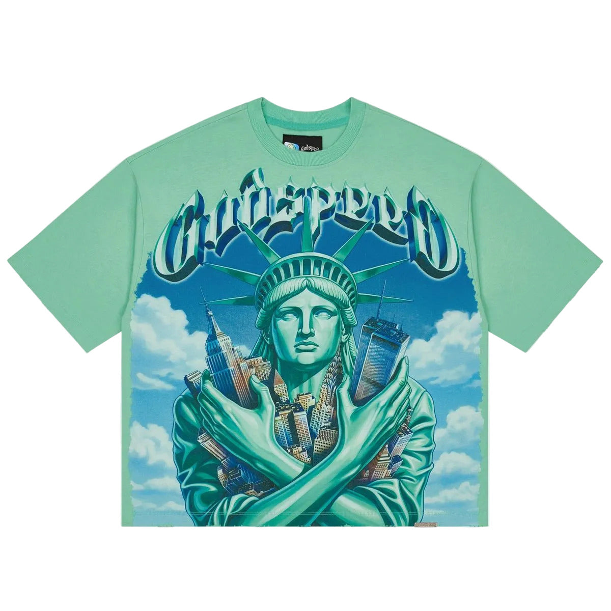 Godspeed Empire Guardian Aqua T-shirt from the Rarity Collection, crafted from 10oz mid-weight washed fabric with a striking art piece.