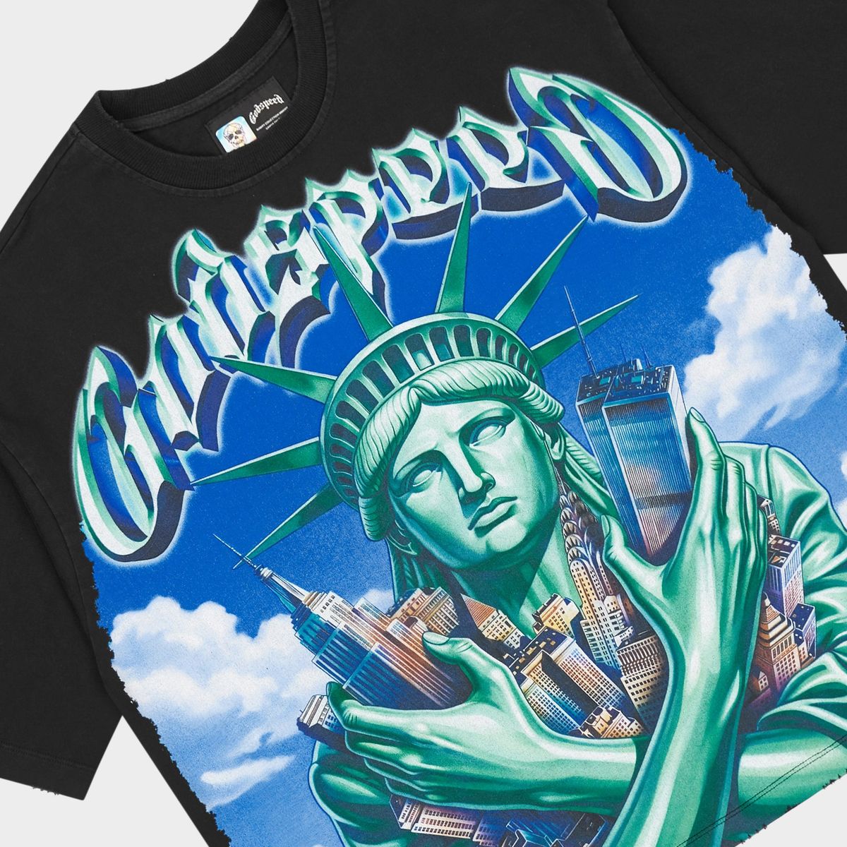 Godspeed Empire Guardian Black Wash T-shirt from the Rarity Collection, crafted from 10oz mid-weight washed fabric with a striking art piece.