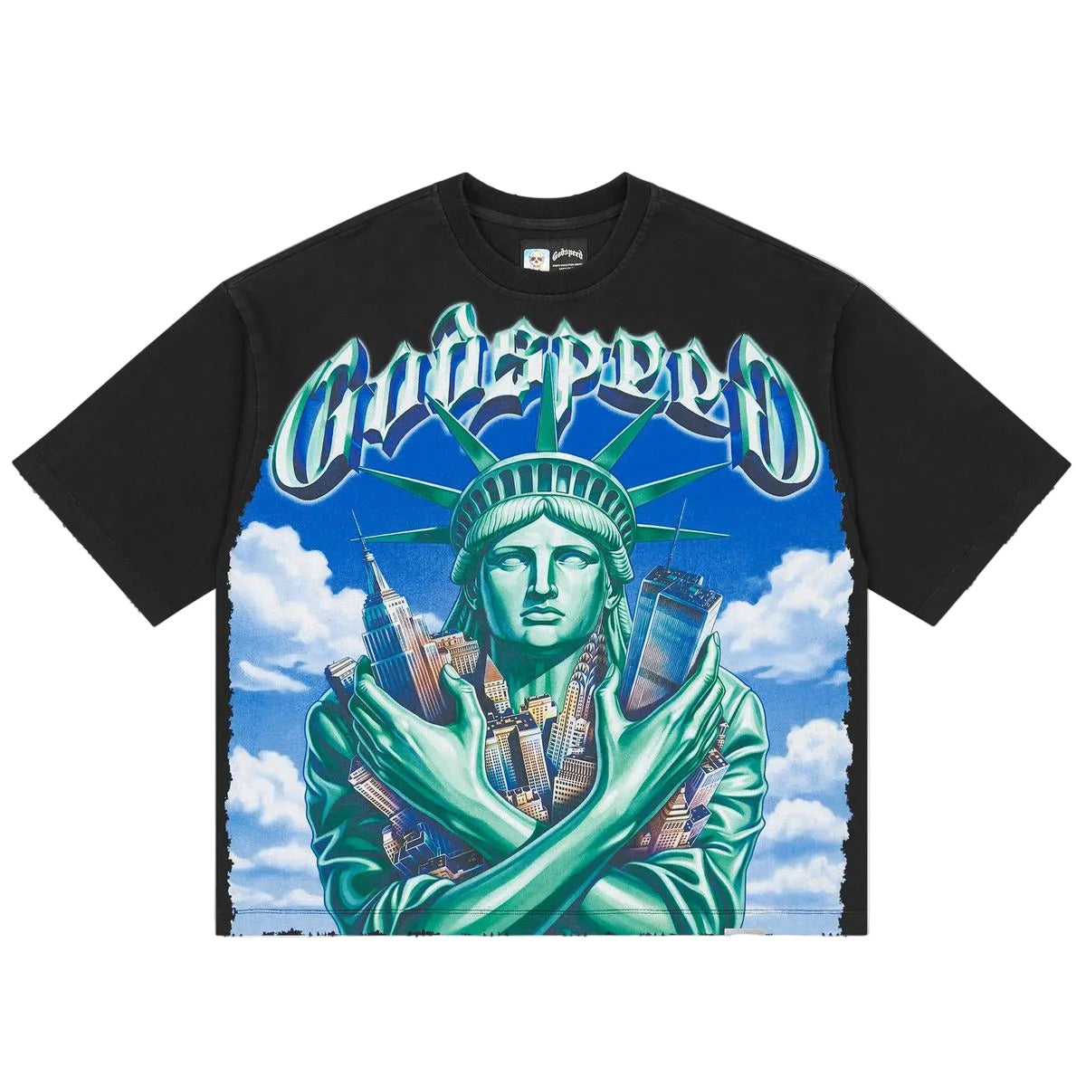Godspeed Empire Guardian Black Wash T-shirt from the Rarity Collection, crafted from 10oz mid-weight washed fabric with a striking art piece.