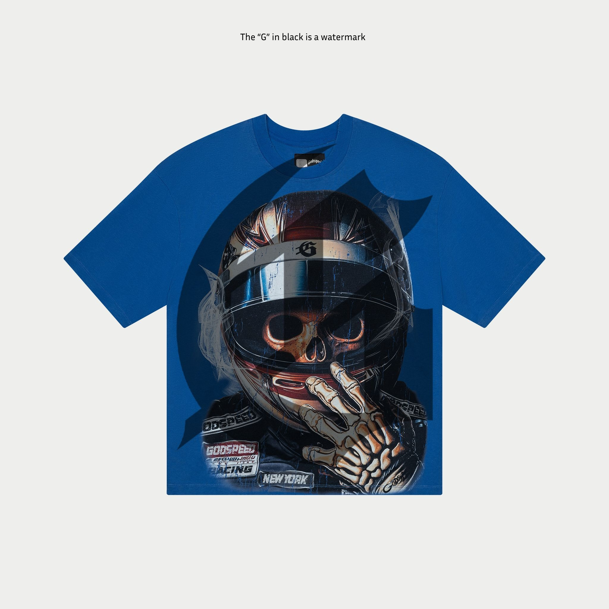  Blue Godspeed Glory Cup T-Shirt with digital art print on 10oz mid-weight fabric, limited edition numbered tag, oversized fit.