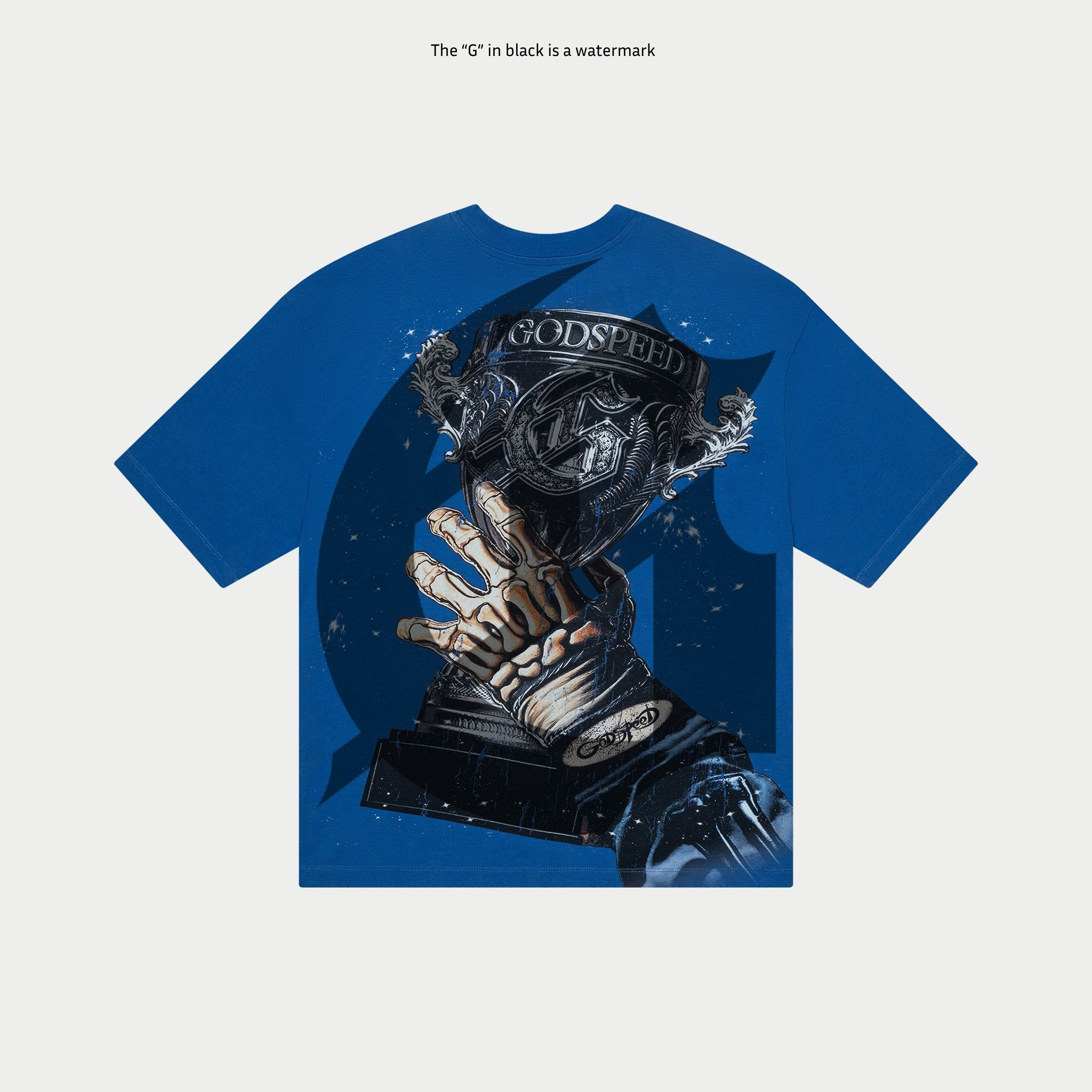  Blue Godspeed Glory Cup T-Shirt with digital art print on 10oz mid-weight fabric, limited edition numbered tag, oversized fit.