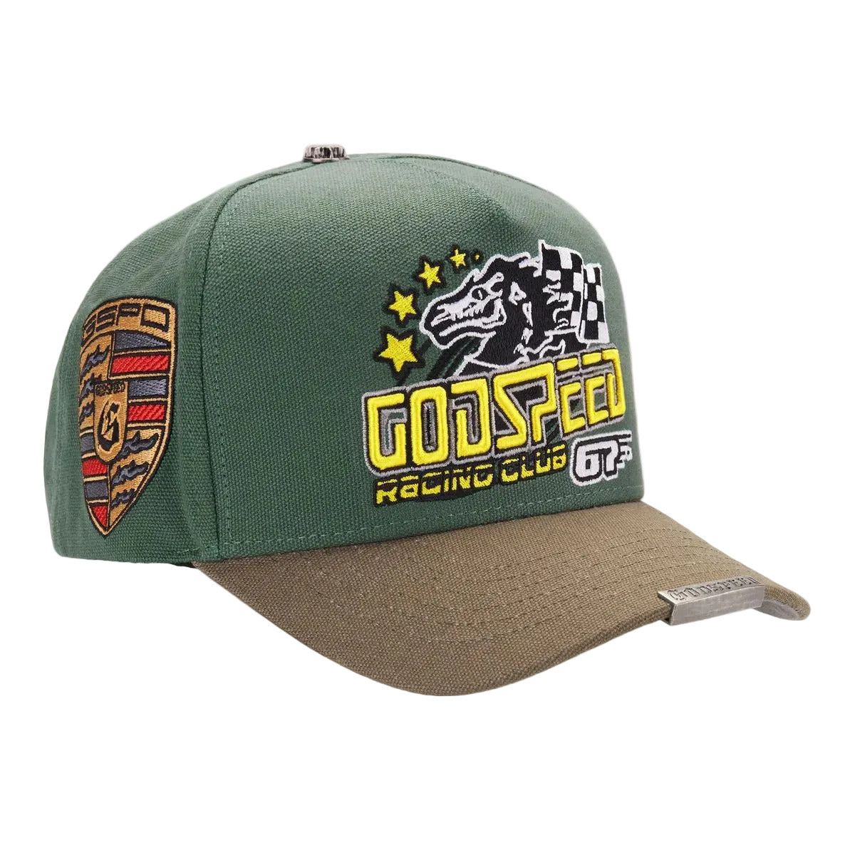 Godspeed Racing Club GRC Members Green and Brown Snapback Hat with limited-edition box and 3-piece pin set.