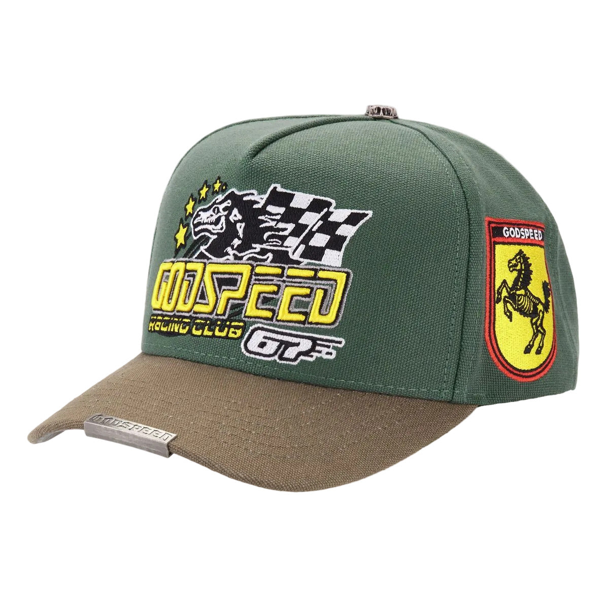 Godspeed Racing Club GRC Members Green and Brown Snapback Hat with limited-edition box and 3-piece pin set.